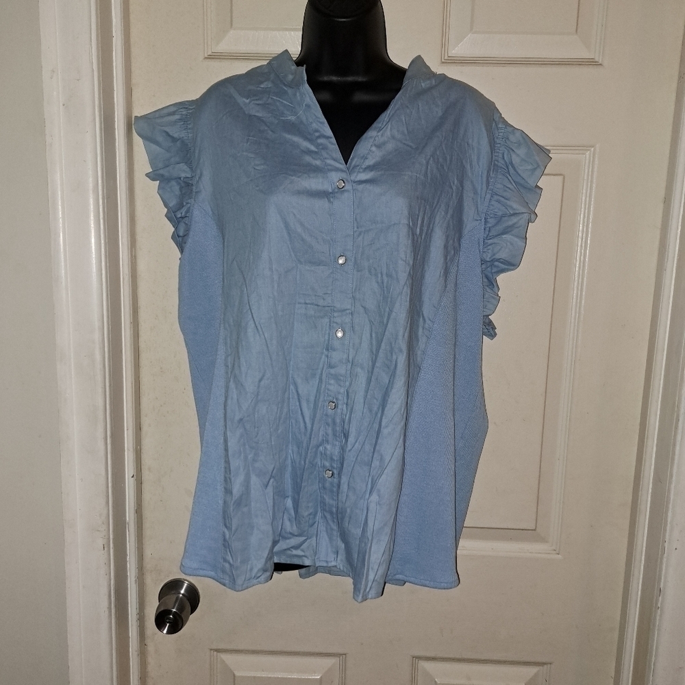 NY collection blue button Down Blouse 2X